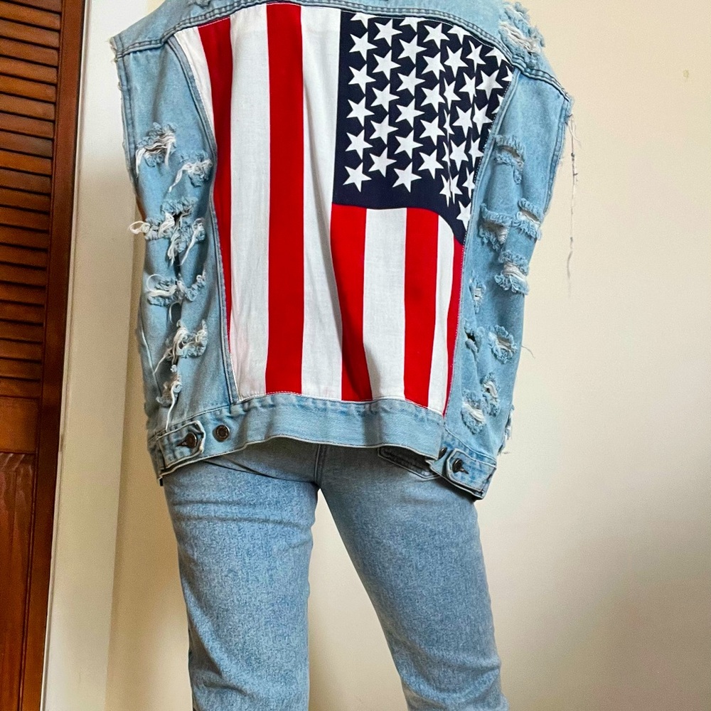 Distressed Oversized American Flag Jean Vest